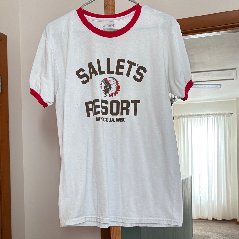 Ringer Tee with Red Trim and Brown Graphic